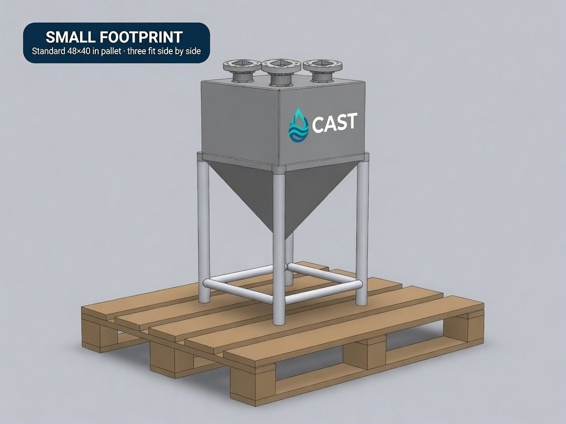 Engineering illustration — single CAST module on metal stand; three modules ship on one 48×40 in pallet